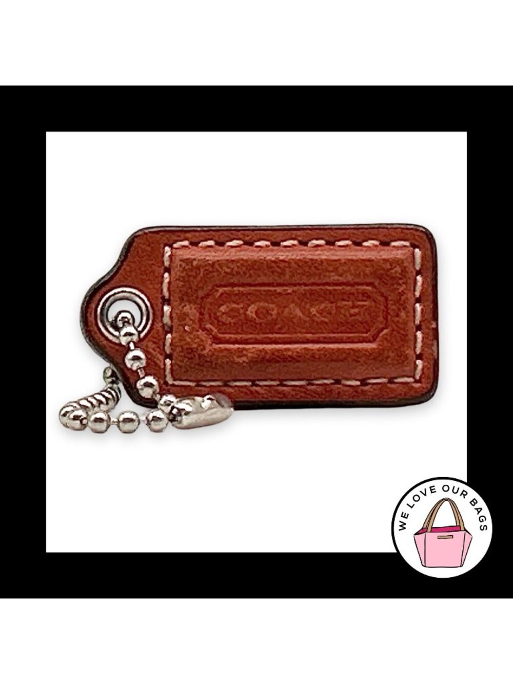 COACH HANG TAG 1.5" Rust Brown Leather Bag Charm Keychain Fob Nickel Small